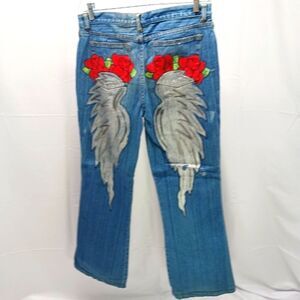 Y2K Custom Painted Distressed Bleached Denim Jeans Wearable Art Wings-Roses 12